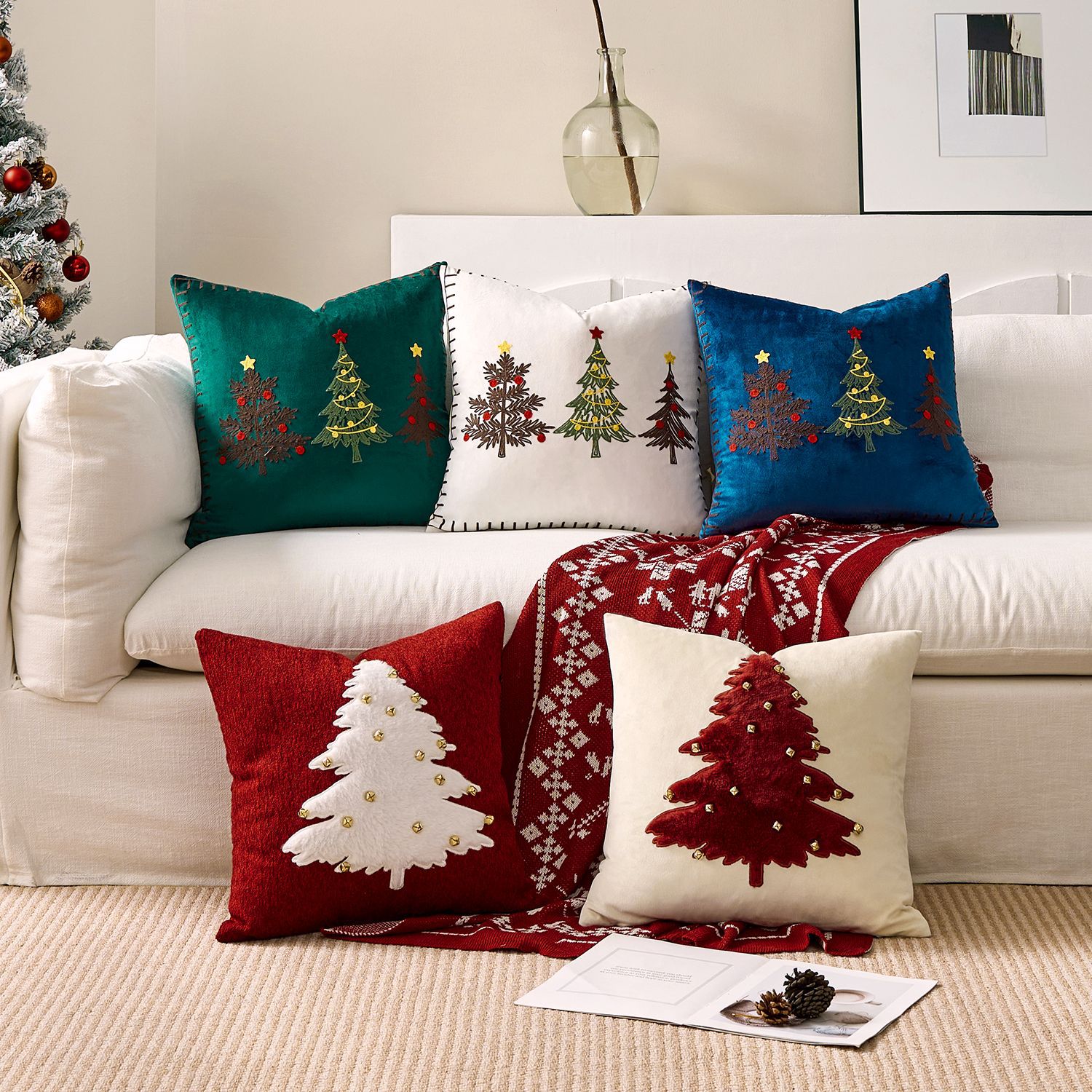 Funda de cojín bordada, funda  - Embroidery Xmas Tree reseña y precio